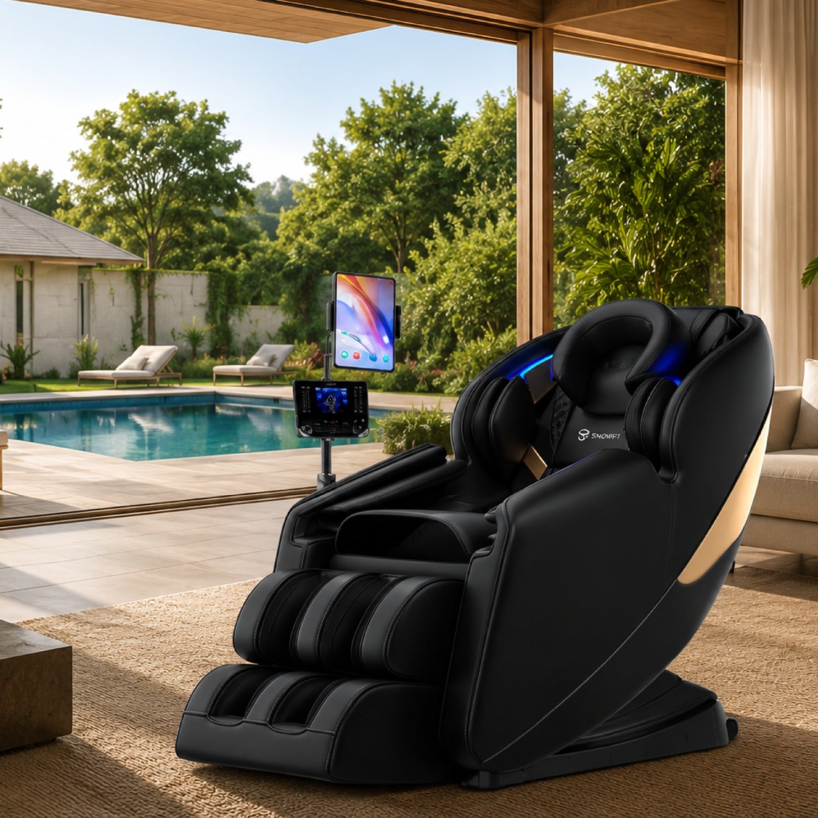 SnowFit Rider massage chair in a modern living room, reclined with tablet holder and control panel