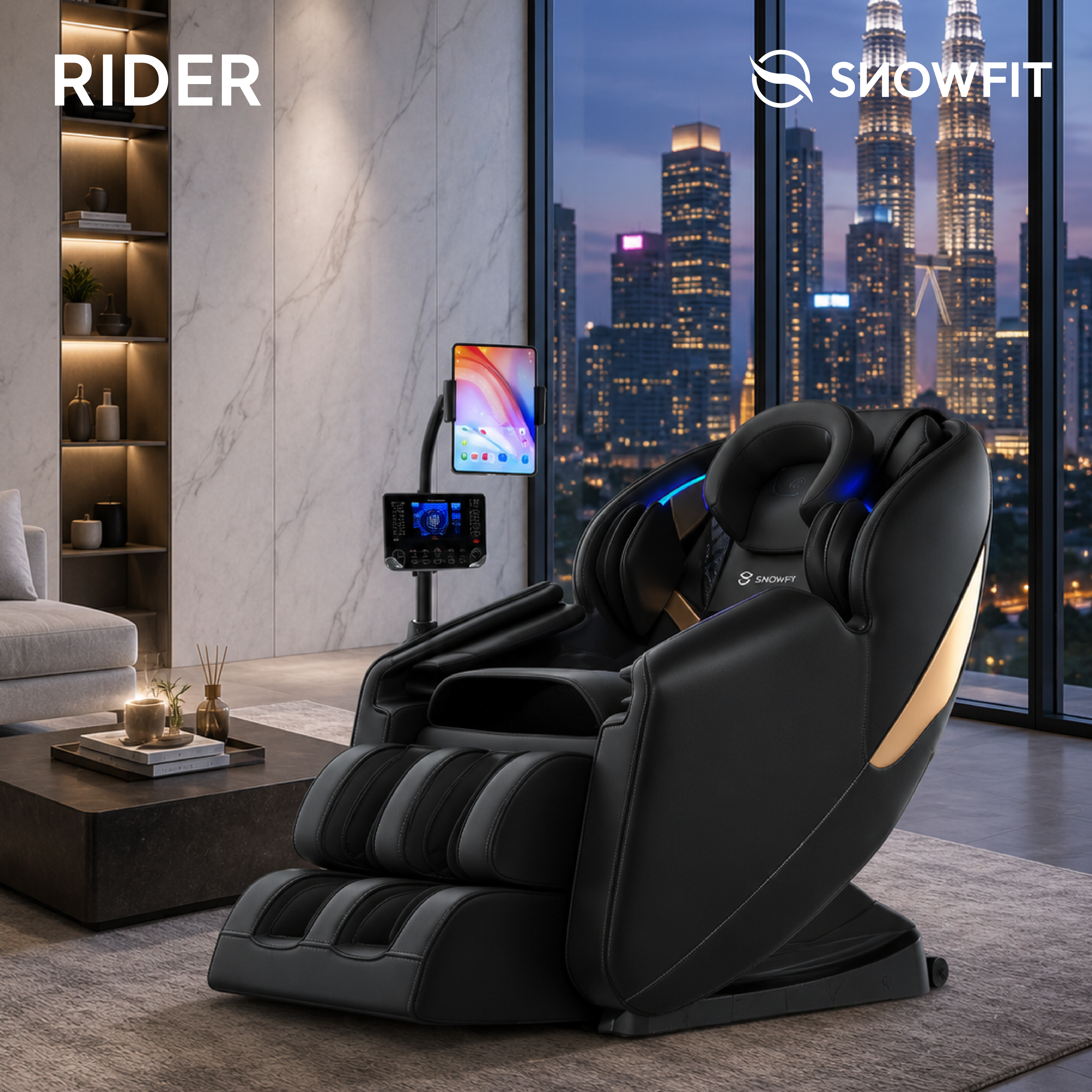 SnowFit Rider massage chair in black and gold — full body zero gravity massage chair available in Malaysia