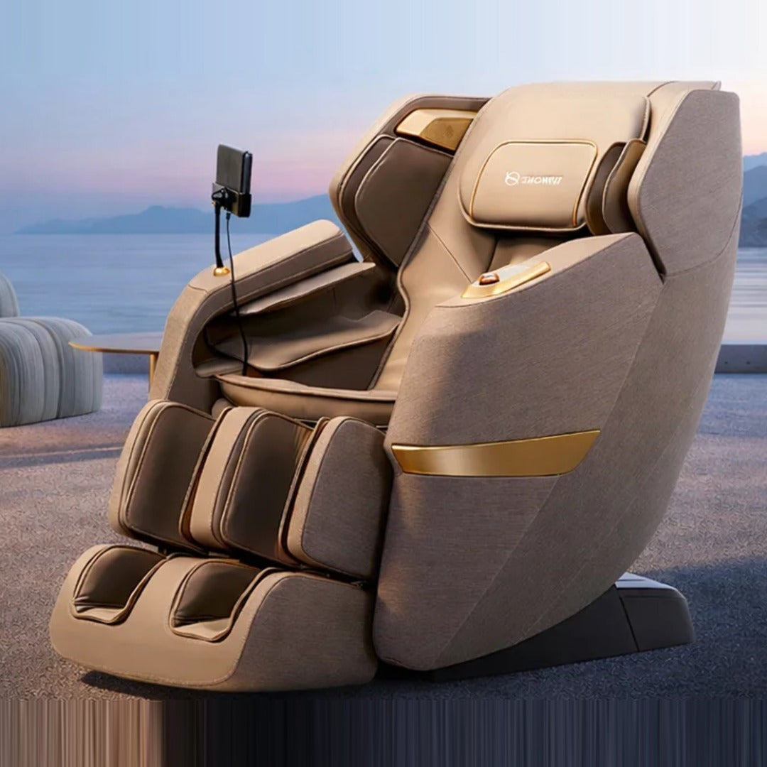 SnowFit Rainforest Pro AI-powered deep tissue massage chair in beige, shown in a seaside living space in Malaysia