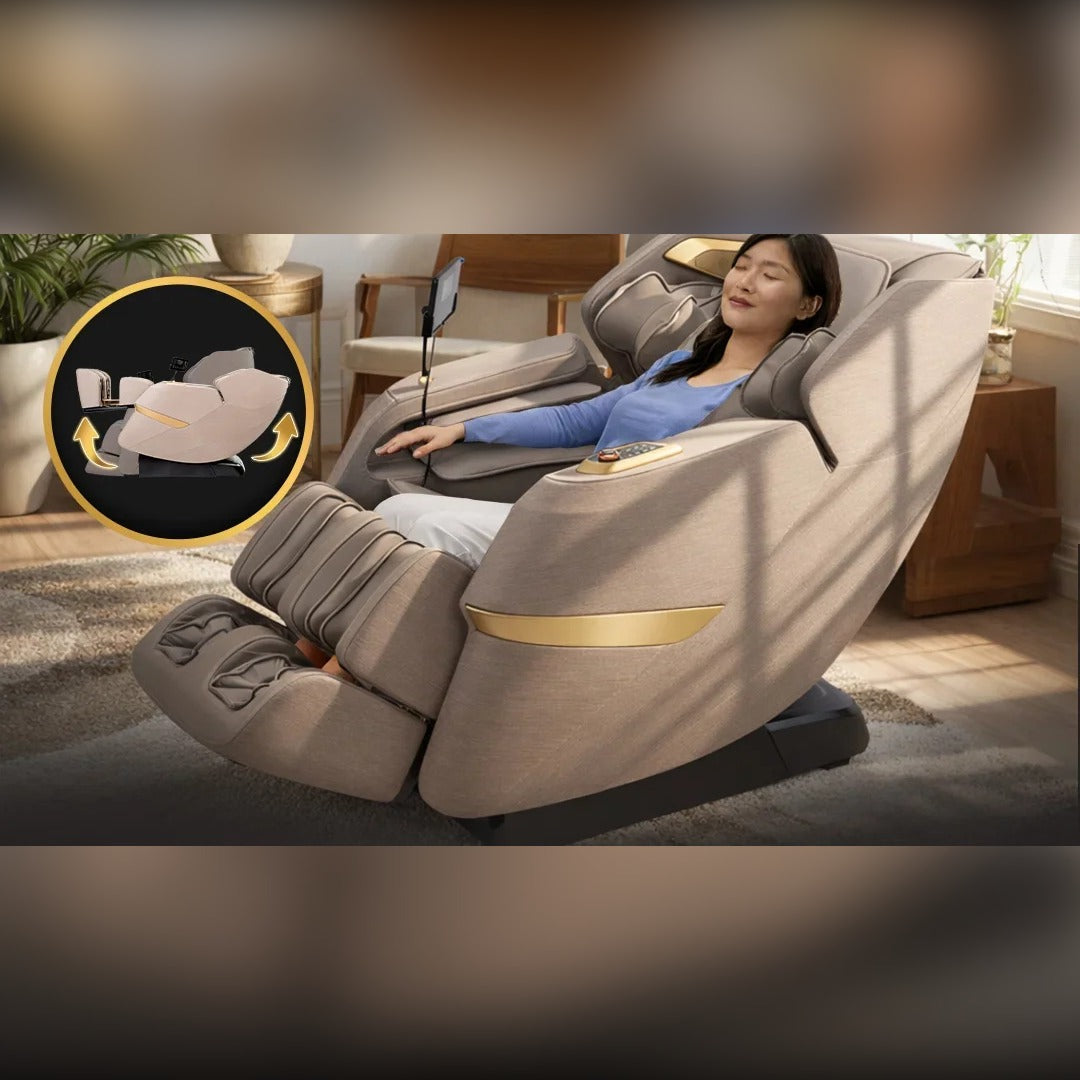 Woman reclined in the SnowFit Rainforest Pro massage chair in NASA-derived zero gravity position