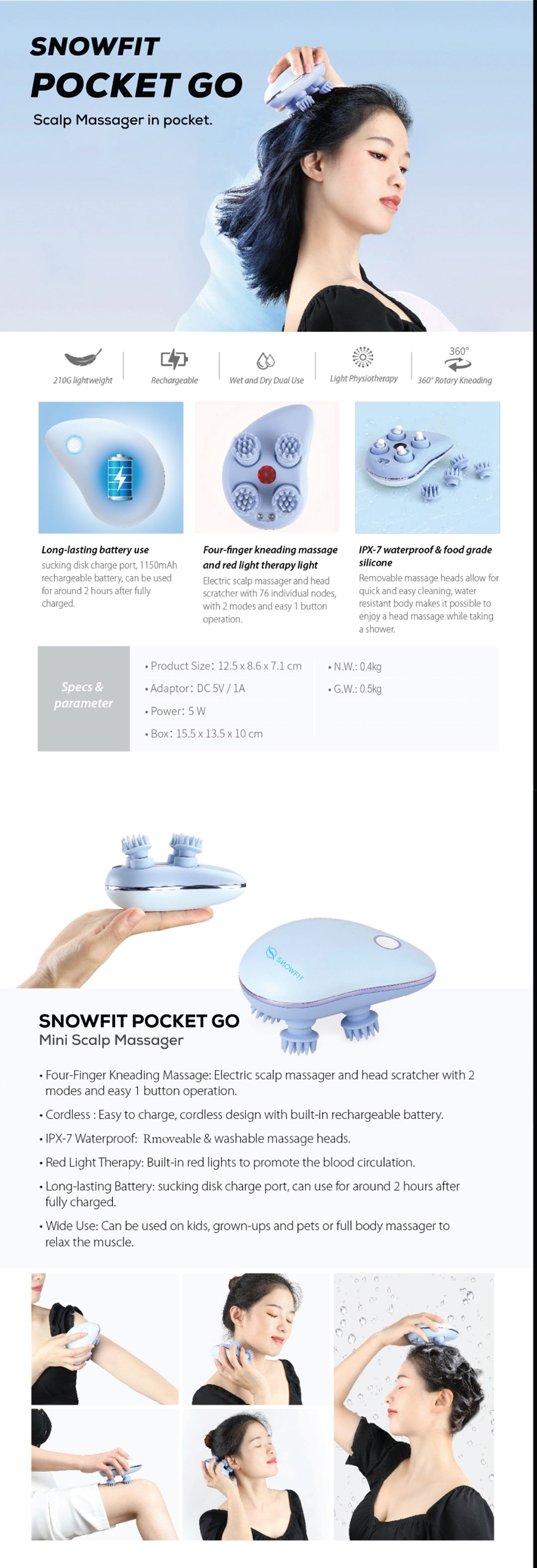 Snowfit Pocket GO Scalp Massager Soft Silicone Hairbrush - SNOWFIT